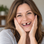 A young woman smiling and showing off her missing front tooth.