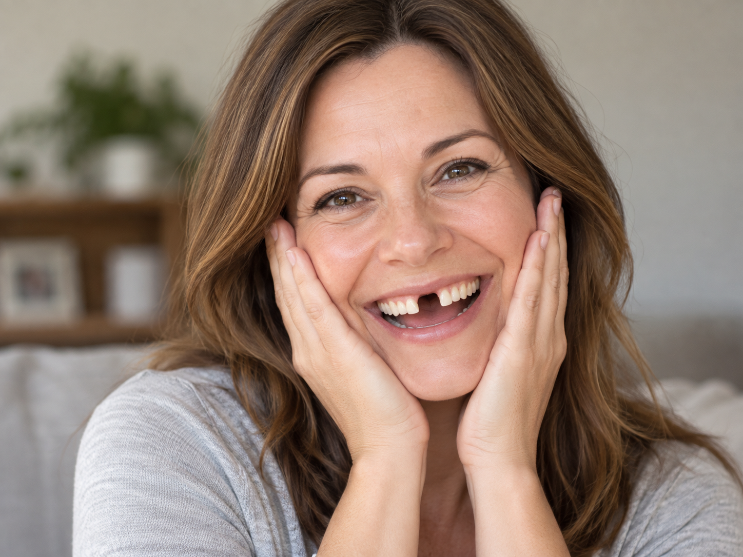 A young woman smiling and showing off her missing front tooth.